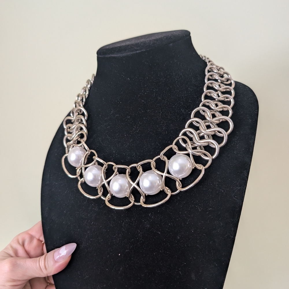 Silvertone And White Faux Pearl Necklace